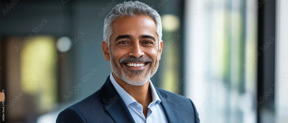 Happy mid aged older business man executive standing in office. Smiling 50 year old mature confident professional manager, indian businessman investor looking at camera, headshot close up portrait