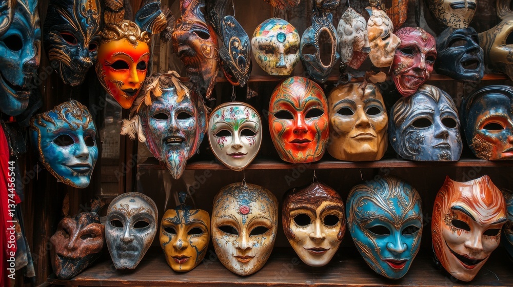 Collection of Venetian-style masks in dramatic display Collection of Venetian-style masks in dramatic display