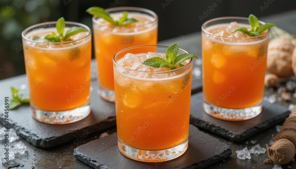 Fototapeta premium Iced Orange Cocktails with Mint on Slate Summer s Cool Relief