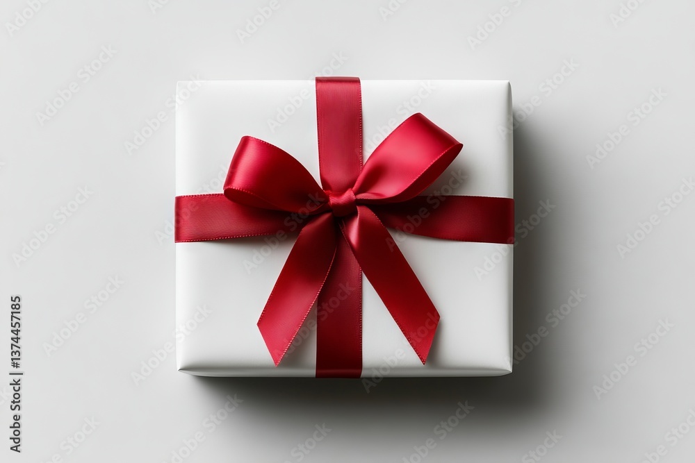 A top-down view of a Christmas gift box mock-up, wrapped in craft paper and ribbon, isolated on a white background A top-down view of a Christmas gift box mock-up, wrapped in craft paper and ribbon, isolated on a white background