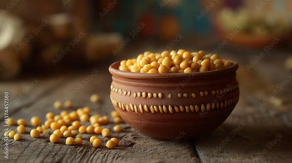 Yellow chopped peas in a clay cup and scattered on a wooden table