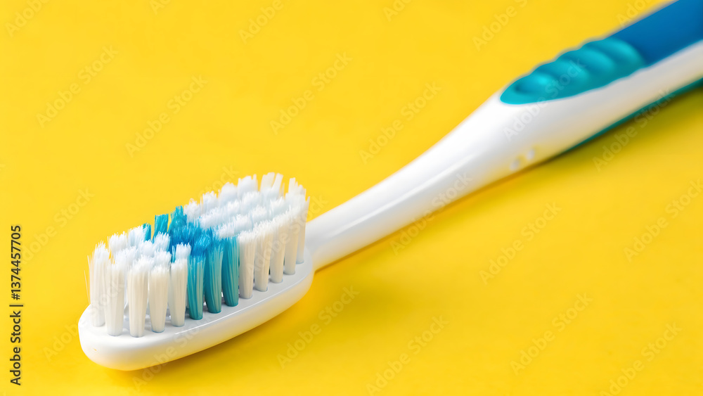 high resolution studio shot of toothbrush on vibrant yellow background, showcasing its bristles and ergonomic design high resolution studio shot of toothbrush on vibrant yellow background, showcasing its bristles and ergonomic design