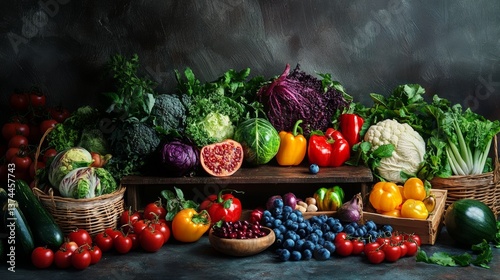 Fresh vegetables and fruits on rustic wooden table