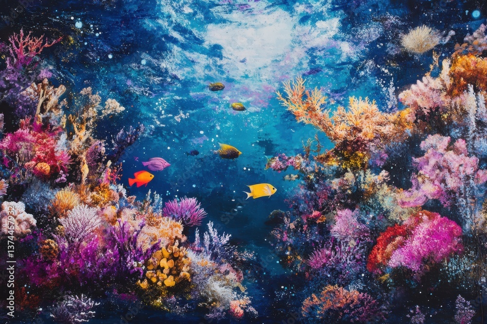 Fototapeta premium Depiction of a vibrant and colorful coral reef teeming with various marine life .