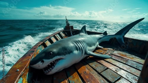 Wallpaper Mural Shark on Fishing Boat Deck - Realistic 4K Footage Torontodigital.ca