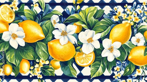 Italian Limoncello Pattern: Lemon Design, Floral Accents, Vibrant Citrus Illustration, Summer Beverage Theme, Mediterranean Style, Decorative Food Print.
