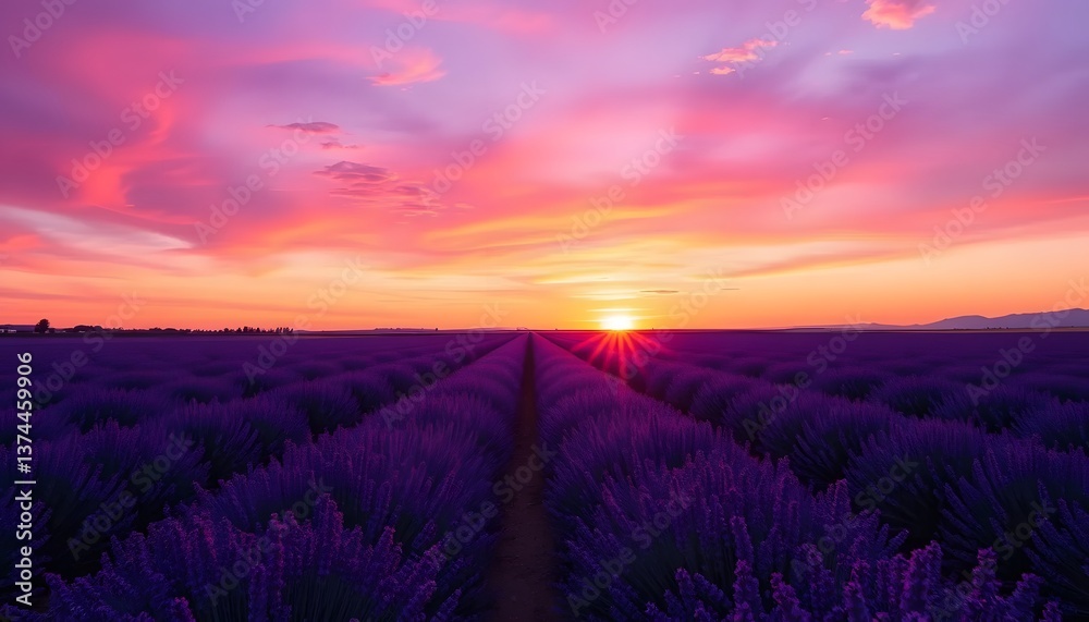 Obraz premium Lavender Field Landscape at Sunset with a Vivid Colorful Sky