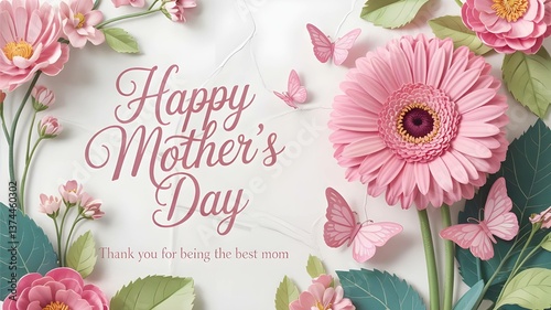 A beautiful mother's day card with pink flowers and a floral design featuring roses