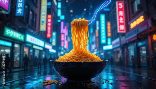  Cyberpunk Noodles Clipart Radically Styled Pasta Glowing in a Neon Lit Urbanscape photo