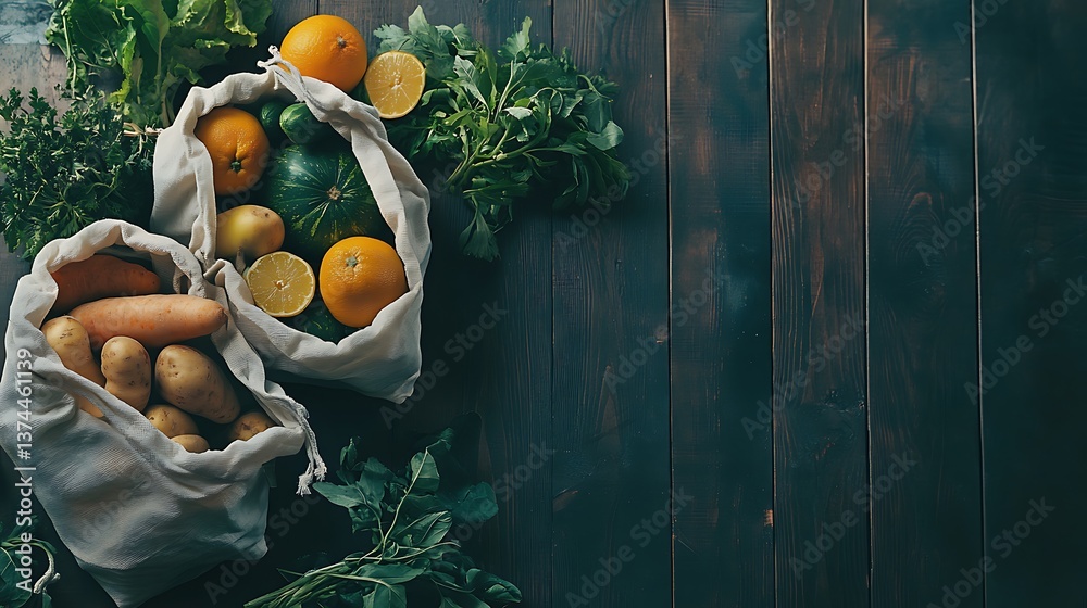 Zero waste grocery shopping package free food on dark wooden table with texture fresh vegetables and fruits in eco cotton bags