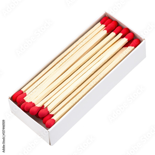 A box of wooden matches with red tips is neatly arranged, showcasing their uniformity and simplicity. white box contrasts with vibrant red, emphasizing matches practical design