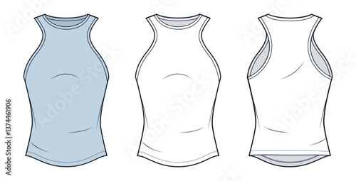 Women Racerback Tank Top Technical Fashion Illustration. Slim Fit Top fashion flat technical drawing template, crew neck, front and back view, white, blue, women, men, unisex CAD mockup set.