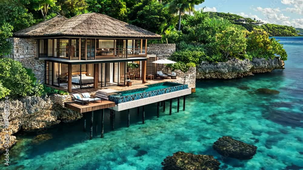 A secluded overwater bungalow surrounded by clear turquoise waters and vibrant troal greenery. digital A secluded overwater bungalow surrounded by clear turquoise waters and vibrant troal greenery. digital