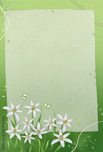 spring floral framework for invitation , congratulation or story template with blooming white  Stars of Bethlehem flowers ,butterflies ,empty paper sheet on 
 bright green background.