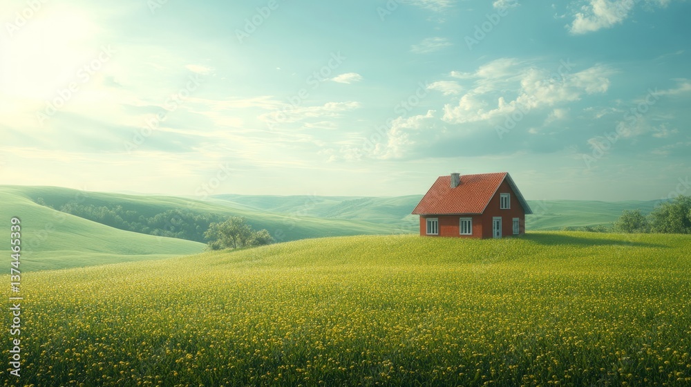 A house in the middle of an endless green field, with rolling hills in the distance and a bright, clear sky above A house in the middle of an endless green field, with rolling hills in the distance and a bright, clear sky above