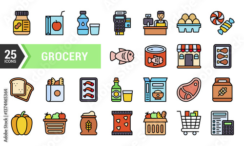 25 Grocery Line Icons in Color for Your Designs.