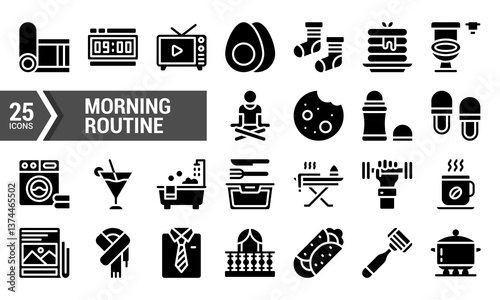 25 Black and White Icons of Morning Routine Activities.