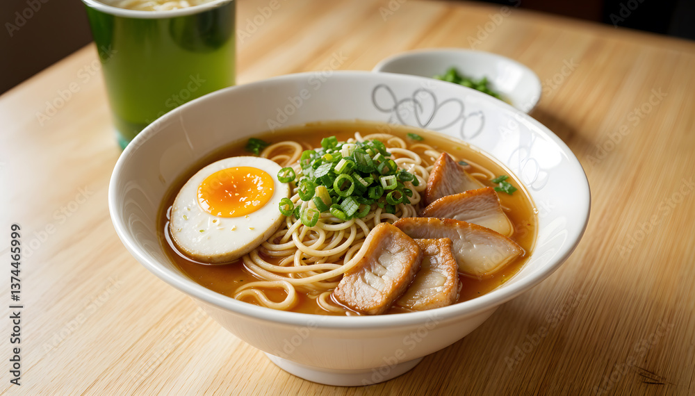A bowl of ramen noodle with sliced pork and boiled egg. A bowl of ramen noodle with sliced pork and boiled egg.