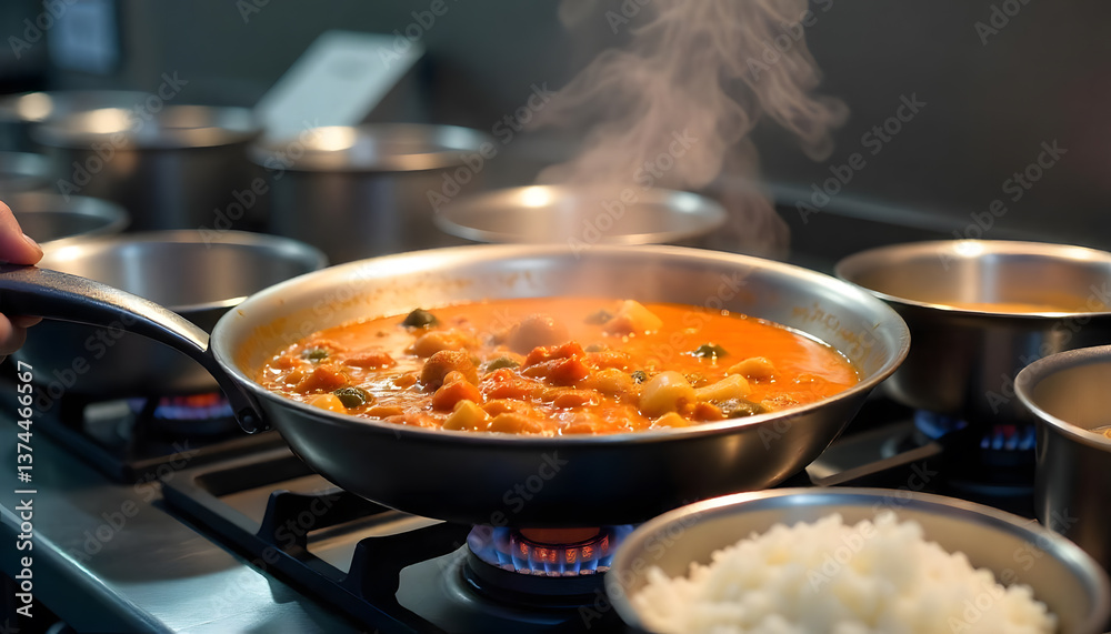 A Japanese Chicken Curry cook in hot flying pan. A Japanese Chicken Curry cook in hot flying pan.