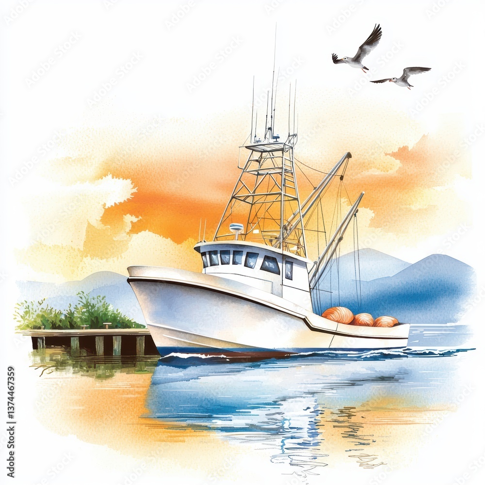 A fishing boat navigates tranquil waters at sunset, with seagulls soaring above and mountains in the background, creating a serene maritime scene.