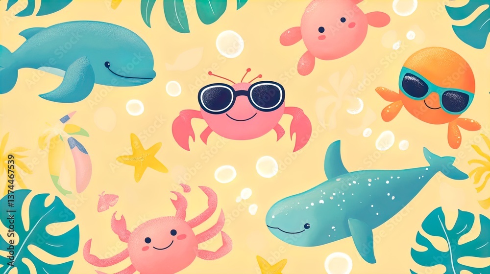 Seamless Summer Animals Pattern: Cute Crabs & Dolphins, Playful Ocean Life, Whimsical Surface Design, Vibrant Kid's Illustration, Repeatable Nautical Motif.
Seamless Summer Animals Pattern: Cute Crabs & Dolphins, Playful Ocean Life, Whimsical Surface Design, Vibrant Kid's Illustration, Repeatable Nautical Motif.