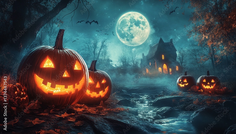 Naklejka premium Spooky Halloween scene with glowing jack-o'-lanterns by a creek, under a full moon. A mysterious house in the background adds to the eerie atmosphere.