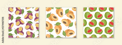 Set of vector seamless patterns with passion fruits, apricots and watermelons