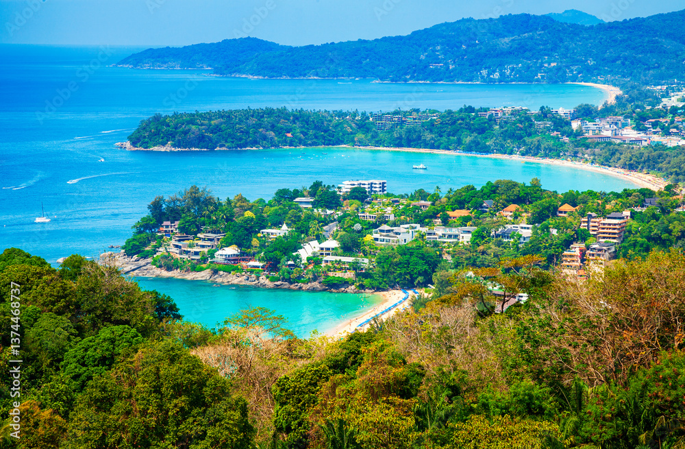 Scenic view of Karon and Kata Beach from the vewpoint in Phuket Thailand. Beautiful view from the mountain to the beaches of Phuket in Thailand. Scenic tourist spots in Phuket.
