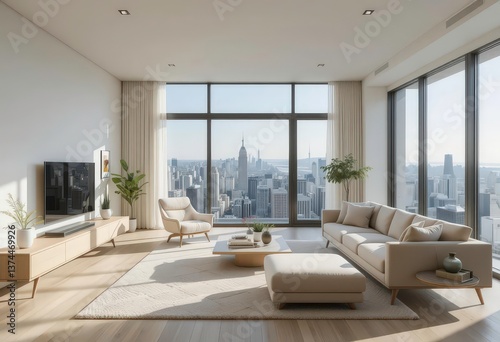  Sleek Scandinavian Living Room Design Featuring a Minimal Color Palette, Wood Accents and a Breathtaking Urban Panorama.
