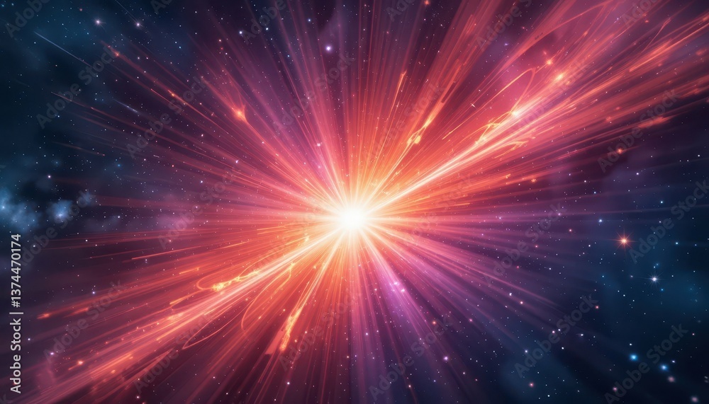 Naklejka premium Vibrant Cosmic Explosion with Rays and Stars in Deep Space Background