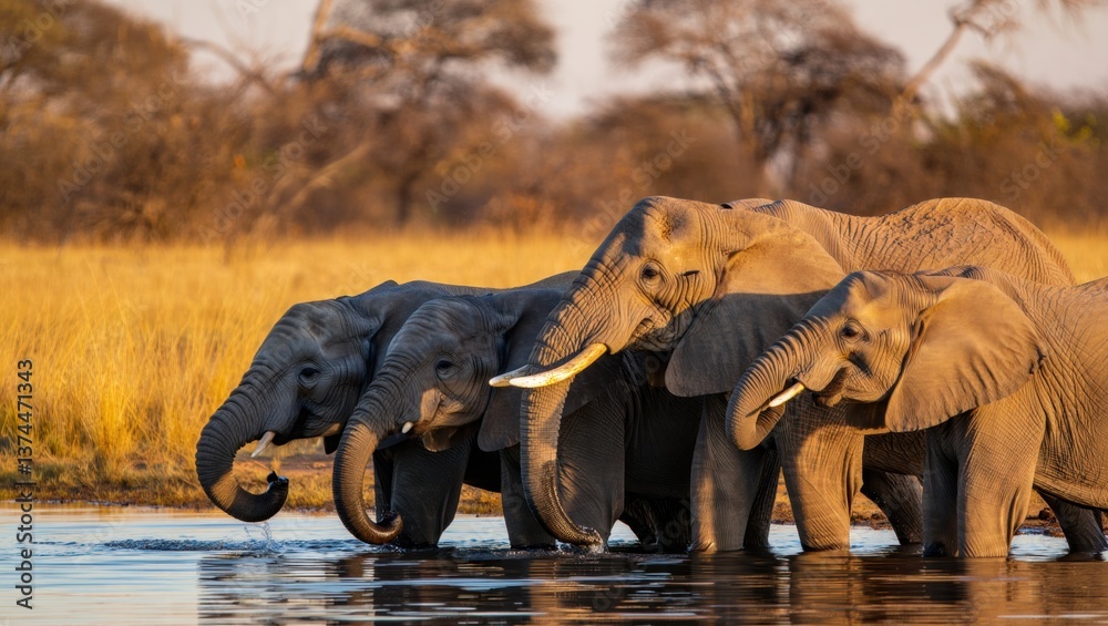 Fototapeta premium Majestic elephants drinking water in serene african landscape at sunset
