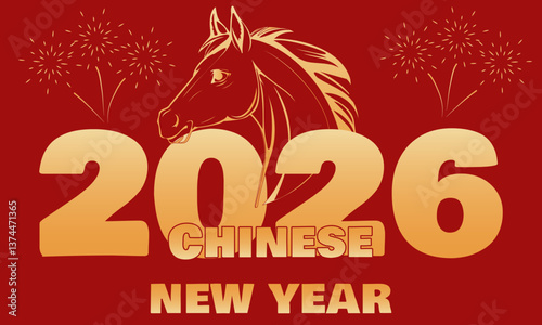 Chinese New Year, Red Fire Horse, Gold, Symbol, 2026, Inscription, Fireworks, Numbers. Vector Illustration