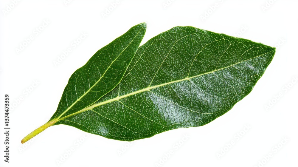 Obraz premium Vibrant high quality isolated bay leaf on white background emphasizing its unique shape and glossy finishing touch