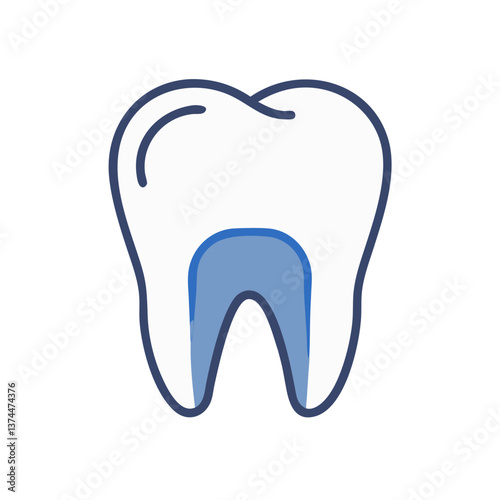 Illustration of a stylized tooth with blue shading on a white background in a simple and colorful design
