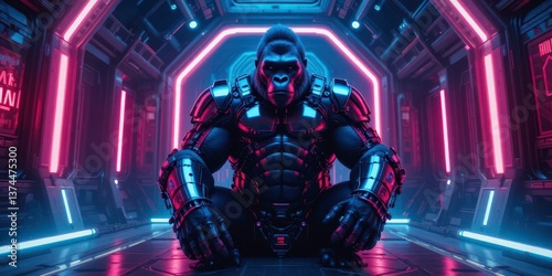  A Powerful Gorilla Guardian in a Glowing Cyberpunk Retreat
