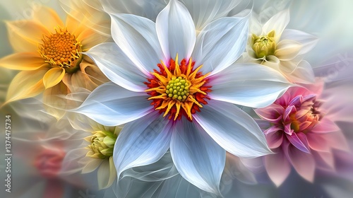 Beautiful Colorful Lotus Flowers Blooming Together in a Soft Ethereal Background