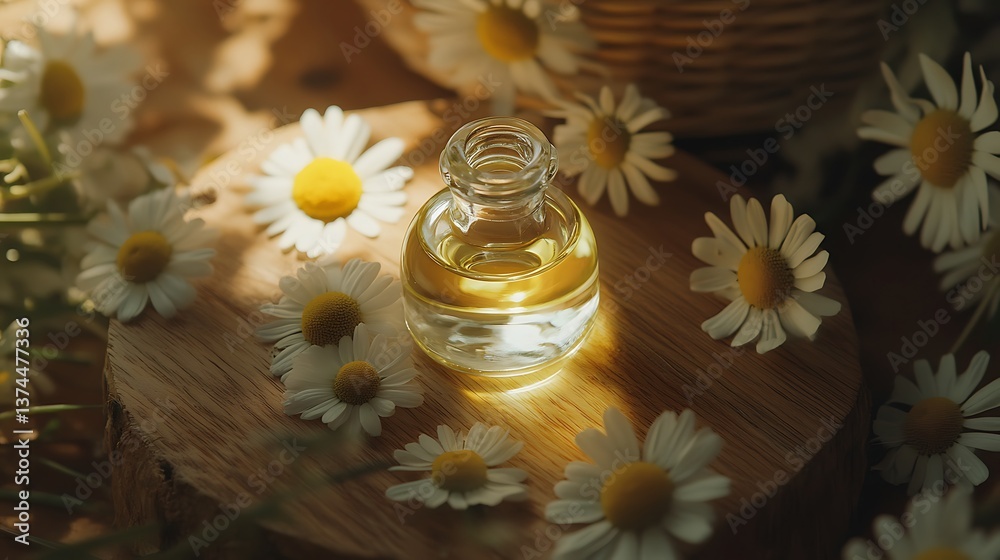 Obraz premium Small glass bottle of chamomile oil sits on a wooden surface decorated with daisy flowers.