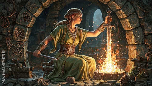 Majestic Celtic goddess Brigid crafting a radiant sword in a mystical stone forge surrounded by flickering embers