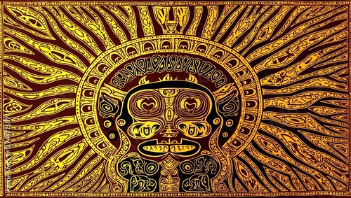 Stylized Mayan sun god Kinich Ahau with intricate tribal patterns glowing golden sun background Rich in cultural symbolism photo