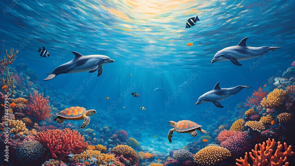 Obraz premium The image is a vibrant underwater scene depicting four dolphins swimming near the top of the frame in a deep blue ocean. Below them, the scene features a colorful coral reef rich in red and orange hue