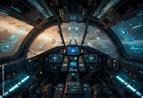  High Tech Fighter Jet Cockpit with Holographic Displays and Controls