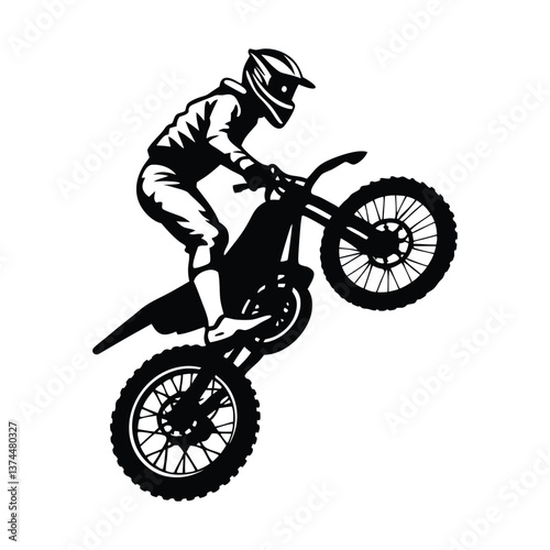 silhouette of an off-road dirt bike rider mid-jump set against a white background