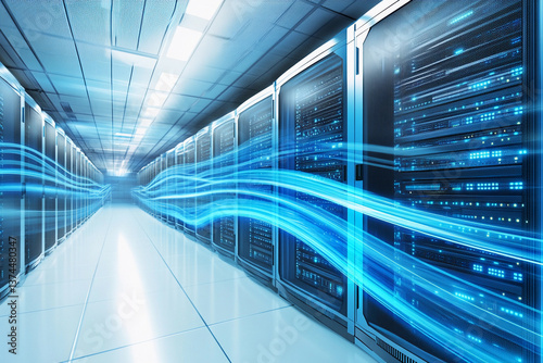 Futuristic data center illuminated with blue energy streams Generative AI