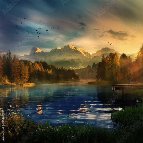 sunrise over mountains lake