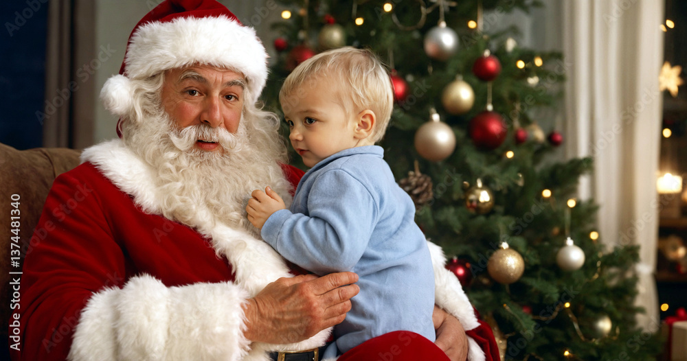 santa claus with child by christmas tree, festive holiday scene, christmas magic concept, childhood wonder, cozy family celebration with santa santa claus with child by christmas tree, festive holiday scene, christmas magic concept, childhood wonder, cozy family celebration with santa