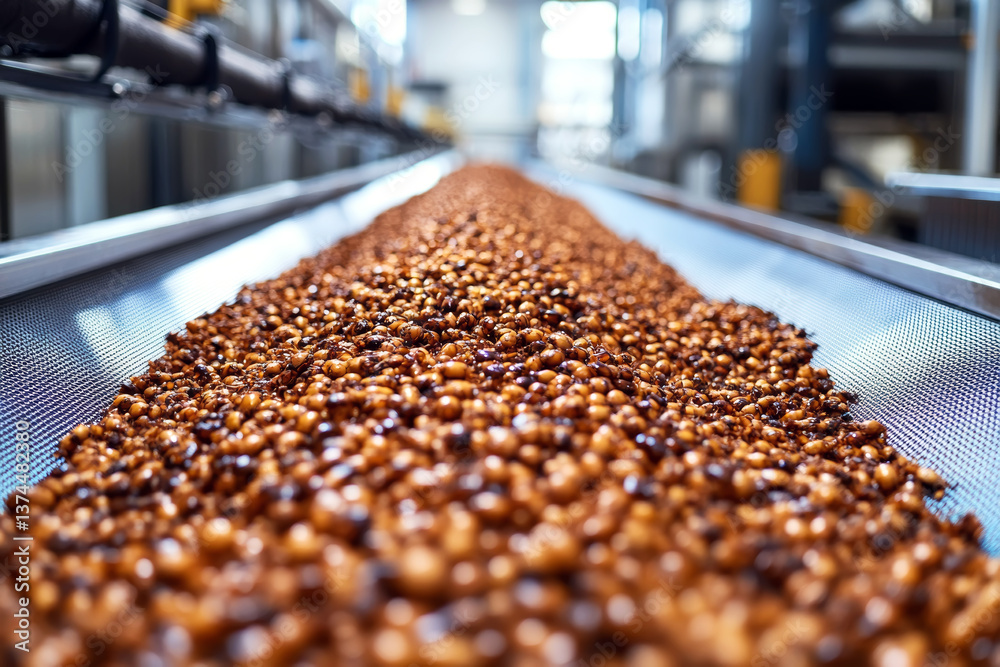 beetles on automated conveyor belt in modern facility, insect protein processing for sustainable food source beetles on automated conveyor belt in modern facility, insect protein processing for sustainable food source