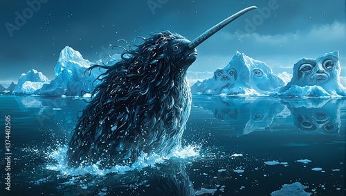 Experience the mystical Inuit sea goddess emerging from icy waters adorned with narwhal tusk fingers bioluminescent hair and spirit filled icebergs