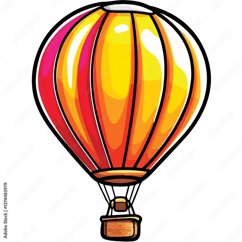 Fototapeta premium Hot air balloon with basket isolated on background. Travel, adventure, flight in sky concept. Vector flat design