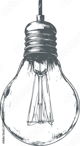 Vintage black and white illustration of a lightbulb with detailed sketch lines. Vector illustration