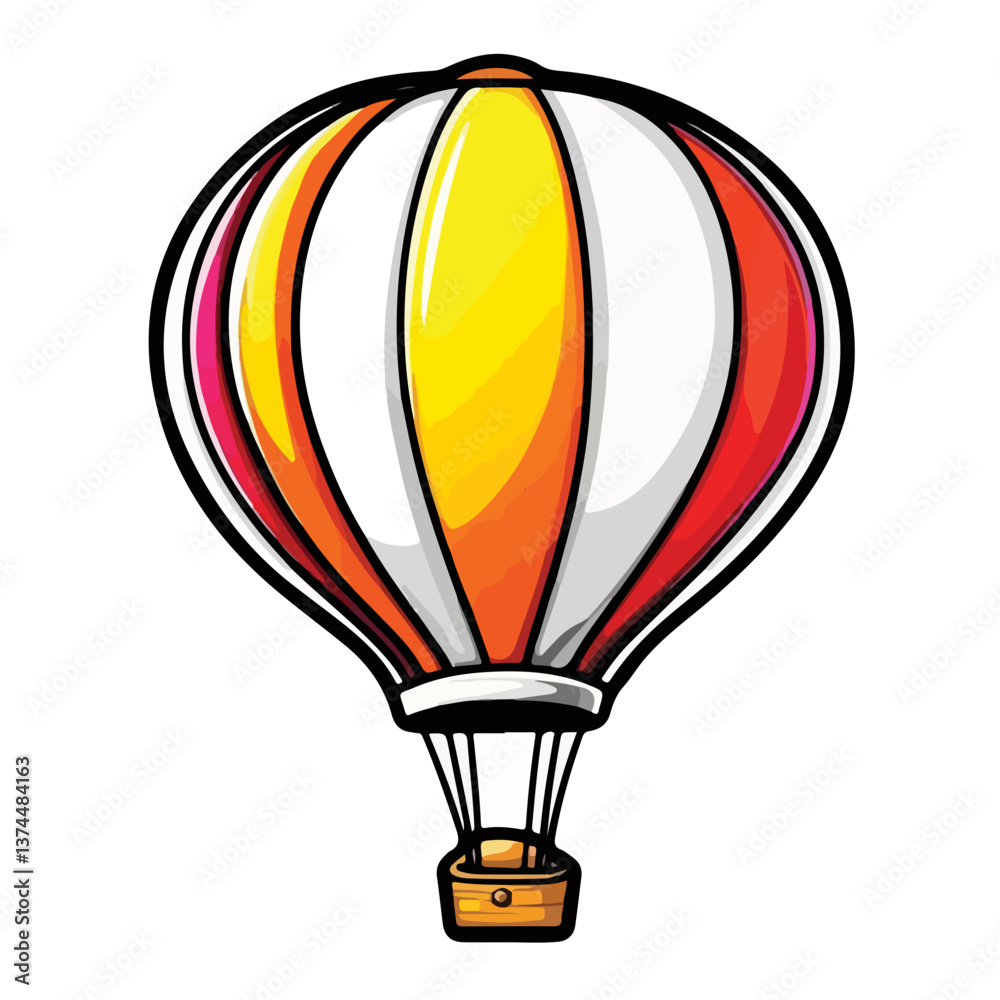 Fototapeta premium Hot air balloon with basket isolated on background. Travel, adventure, flight in sky concept. Vector flat design